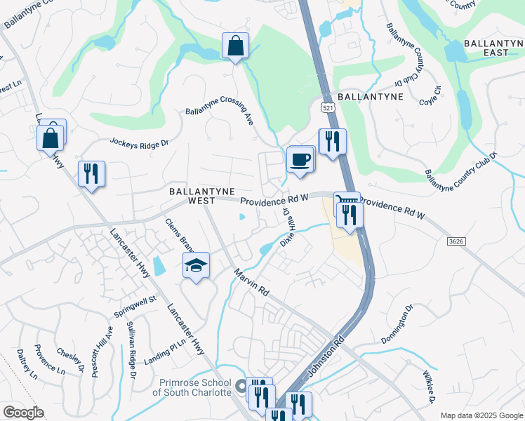 map of restaurants, bars, coffee shops, grocery stores, and more near 11319 Providence Road West in Charlotte