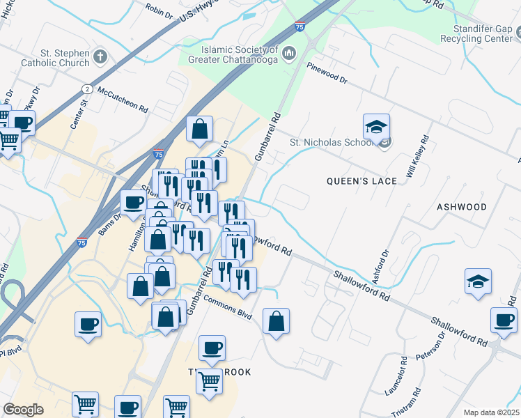 map of restaurants, bars, coffee shops, grocery stores, and more near 7417 Preston Circle in Chattanooga