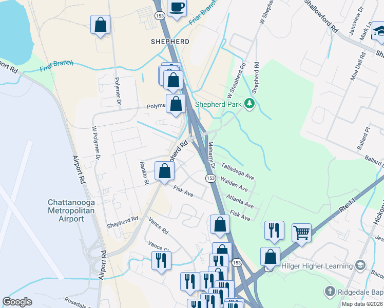 map of restaurants, bars, coffee shops, grocery stores, and more near 6029 Talladega Avenue in Chattanooga