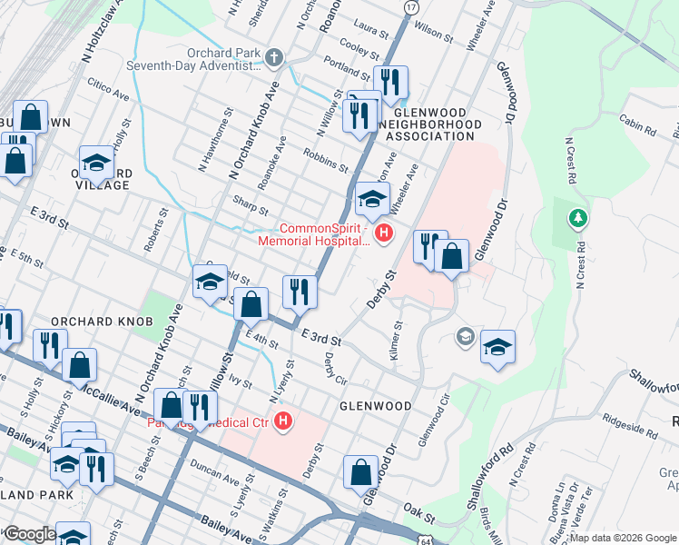 map of restaurants, bars, coffee shops, grocery stores, and more near 559 Arlington Avenue in Chattanooga