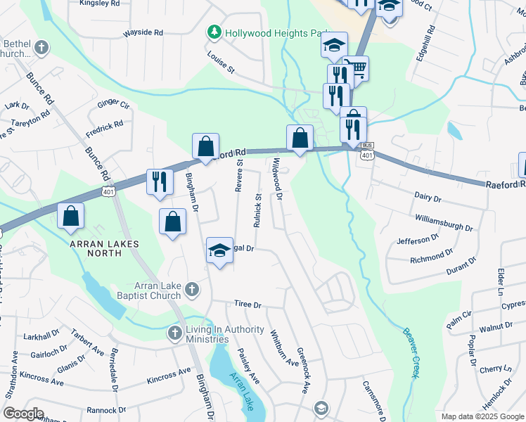map of restaurants, bars, coffee shops, grocery stores, and more near 1053 Rulnick Street in Fayetteville