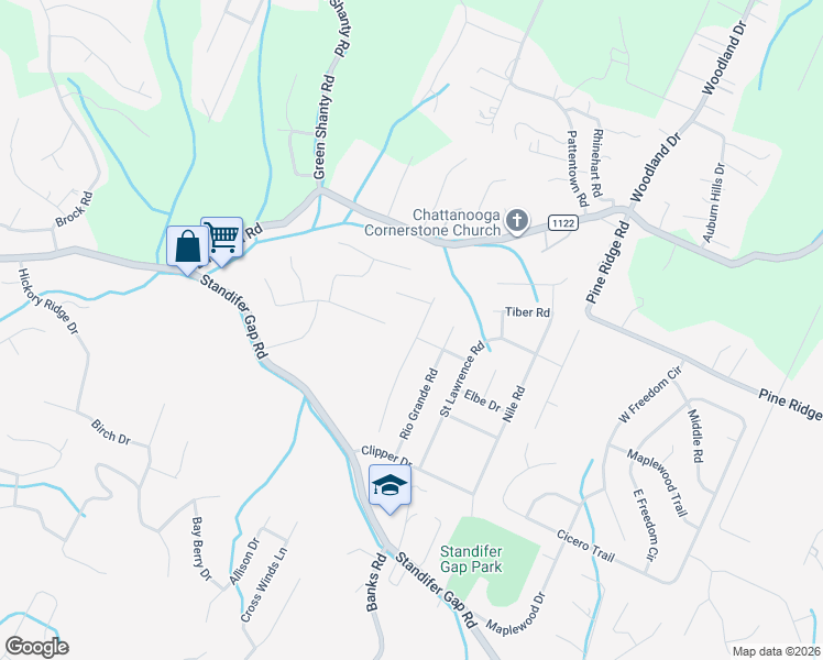 map of restaurants, bars, coffee shops, grocery stores, and more near 2801 Windthrush Drive in Chattanooga