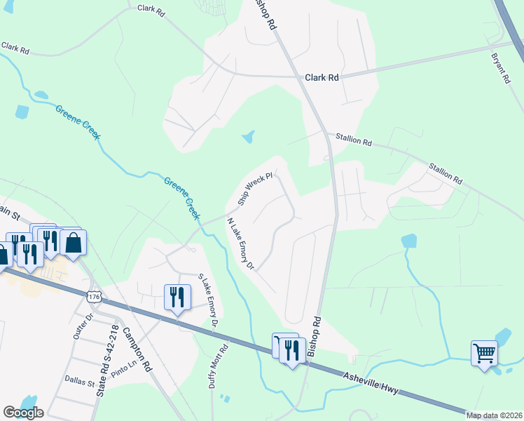 map of restaurants, bars, coffee shops, grocery stores, and more near 323 Fishermans Cove in Inman