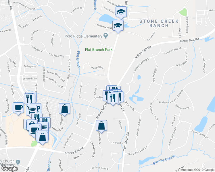 map of restaurants, bars, coffee shops, grocery stores, and more near 6305 Horseplay Court in Charlotte