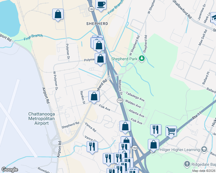 map of restaurants, bars, coffee shops, grocery stores, and more near 6029 Talladega Avenue in Chattanooga