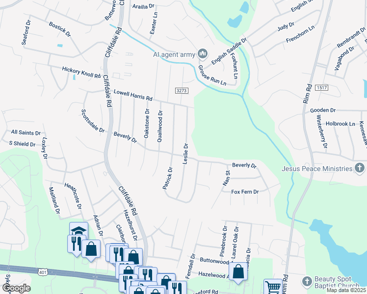 map of restaurants, bars, coffee shops, grocery stores, and more near 1040 Leslie Drive in Fayetteville
