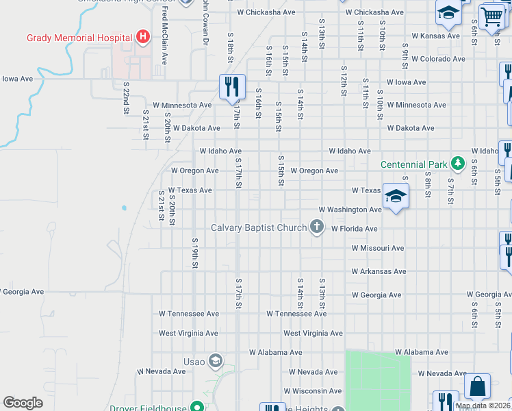 map of restaurants, bars, coffee shops, grocery stores, and more near 915 South 16th Street in Chickasha