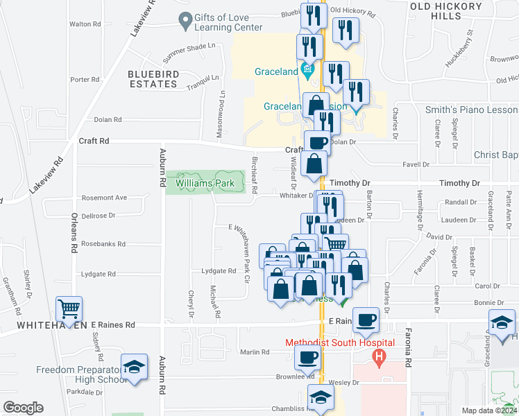 map of restaurants, bars, coffee shops, grocery stores, and more near 1055 Whitaker Drive in Memphis