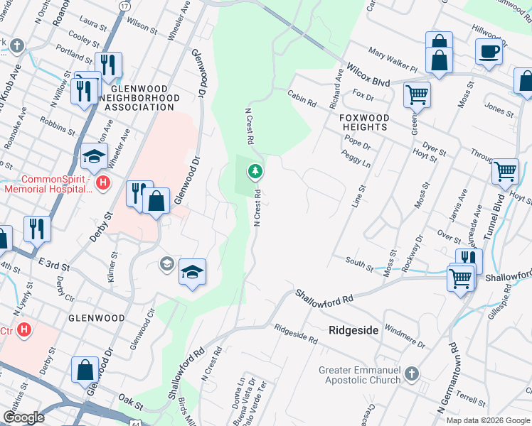 map of restaurants, bars, coffee shops, grocery stores, and more near 182 North Crest Road in Chattanooga