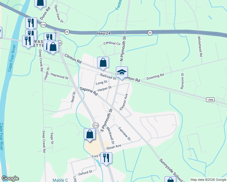 map of restaurants, bars, coffee shops, grocery stores, and more near 1734 Harper St in Fayetteville