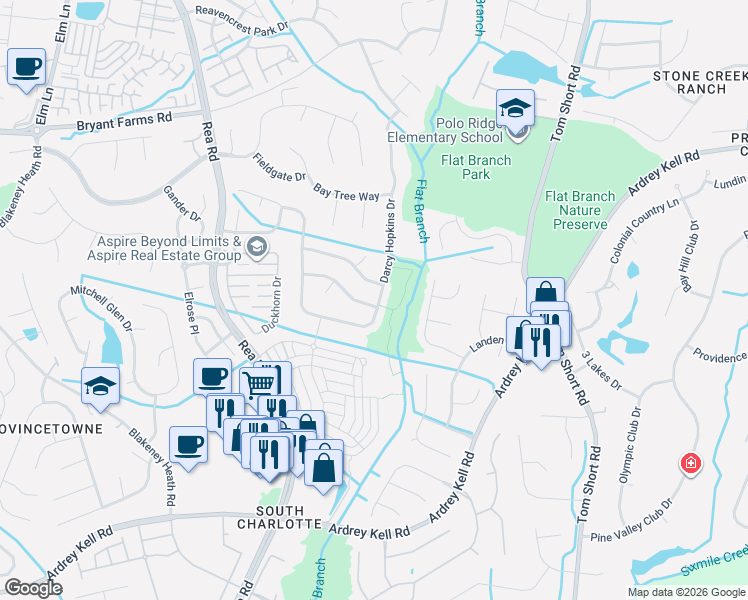 map of restaurants, bars, coffee shops, grocery stores, and more near 10351 Threatt Woods Drive in Charlotte