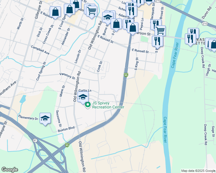map of restaurants, bars, coffee shops, grocery stores, and more near 604 Volunteer Drive in Fayetteville