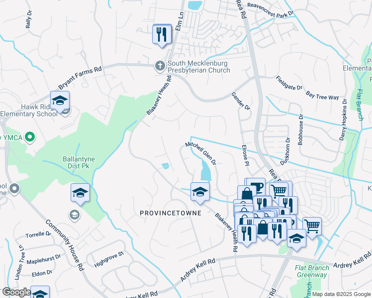map of restaurants, bars, coffee shops, grocery stores, and more near 9234 Mitchell Glen Drive in Charlotte
