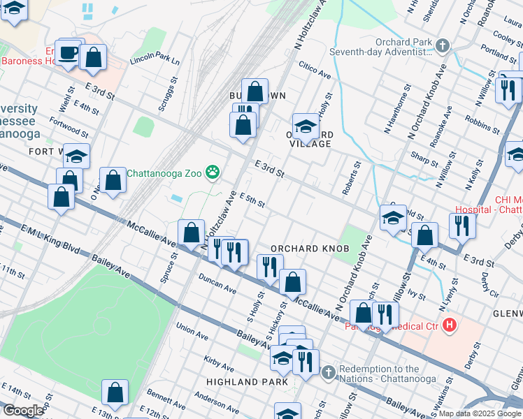 map of restaurants, bars, coffee shops, grocery stores, and more near 1410 East 5th Street in Chattanooga