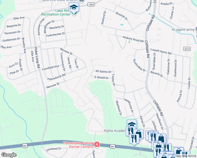 map of restaurants, bars, coffee shops, grocery stores, and more near 7726 South Shield Drive in Fayetteville