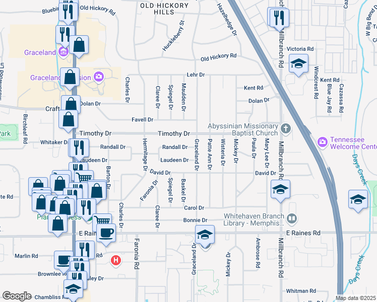 map of restaurants, bars, coffee shops, grocery stores, and more near 1453 Randall Drive in Memphis