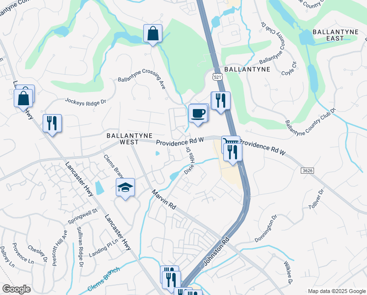 map of restaurants, bars, coffee shops, grocery stores, and more near 11319 Providence Road West in Charlotte