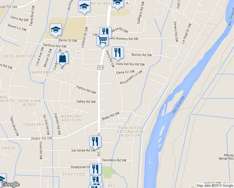 map of restaurants, bars, coffee shops, grocery stores, and more near 2247 Perry Road Southwest in Albuquerque