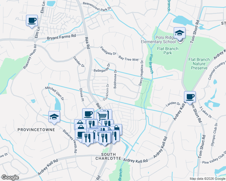 map of restaurants, bars, coffee shops, grocery stores, and more near 12504 Bobhouse Drive in Charlotte