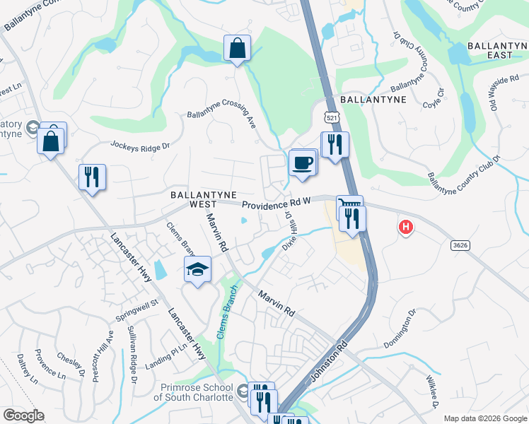 map of restaurants, bars, coffee shops, grocery stores, and more near 11319 Providence Road West in Charlotte