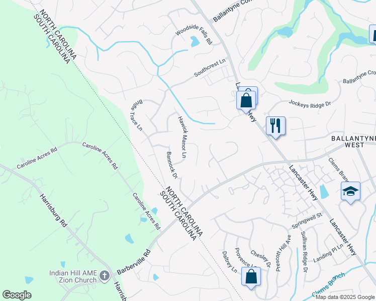 map of restaurants, bars, coffee shops, grocery stores, and more near 12417 Tantallon Court in Pineville