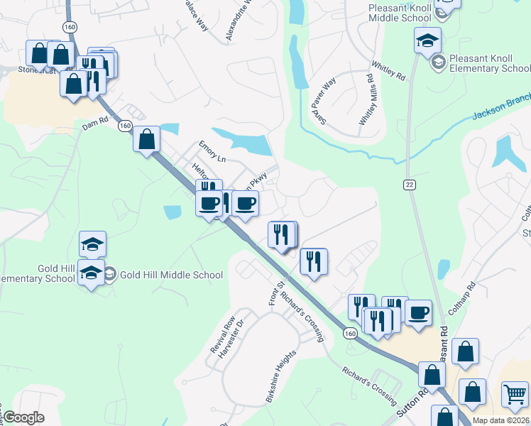 map of restaurants, bars, coffee shops, grocery stores, and more near 1087 Aubrey Lane in Fort Mill
