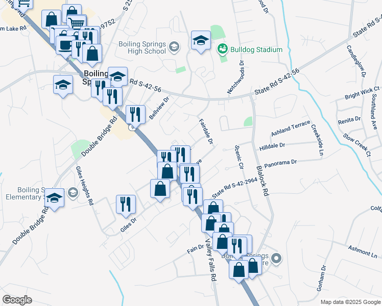 map of restaurants, bars, coffee shops, grocery stores, and more near 916 Wesley Court in Boiling Springs