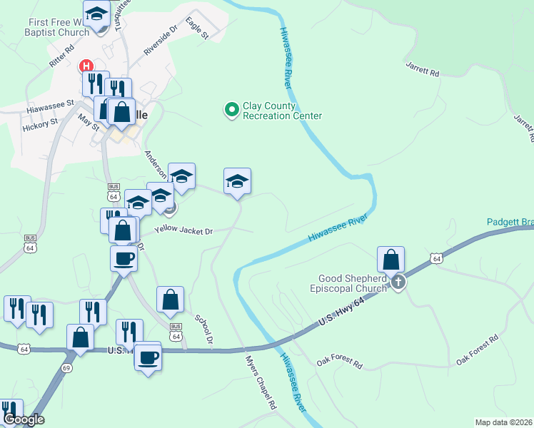 map of restaurants, bars, coffee shops, grocery stores, and more near 86 Valley Hideaway Drive in Hayesville