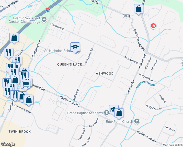 map of restaurants, bars, coffee shops, grocery stores, and more near 2346 Ashford Drive in Chattanooga