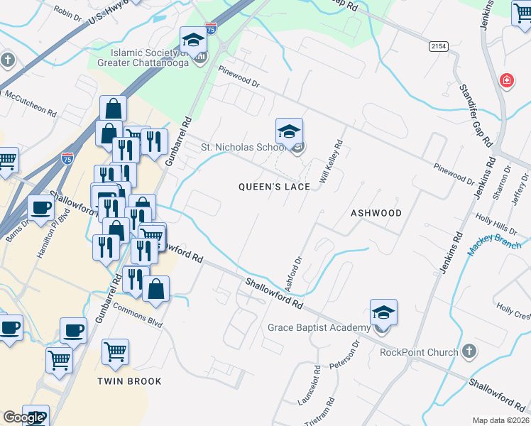 map of restaurants, bars, coffee shops, grocery stores, and more near 2363 Rivendell Lane in Chattanooga