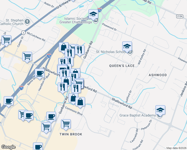 map of restaurants, bars, coffee shops, grocery stores, and more near 7412 Preston Circle in Chattanooga