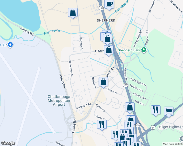 map of restaurants, bars, coffee shops, grocery stores, and more near 5818 Talladega Drive in Chattanooga