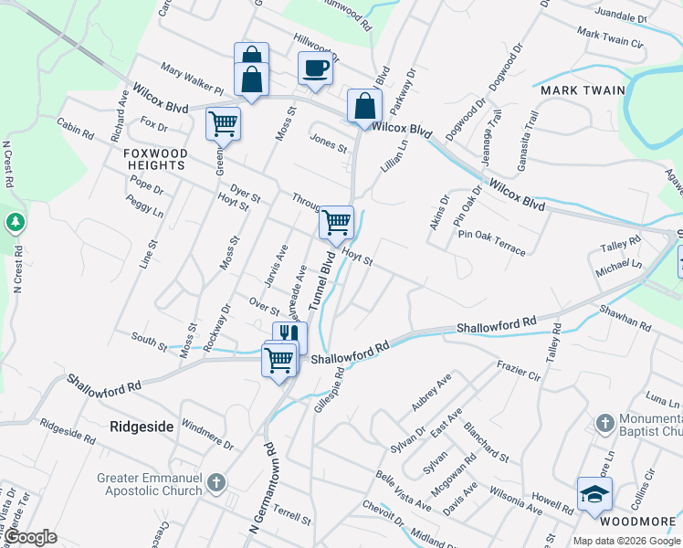 map of restaurants, bars, coffee shops, grocery stores, and more near 1102 Tunnel Boulevard in Chattanooga