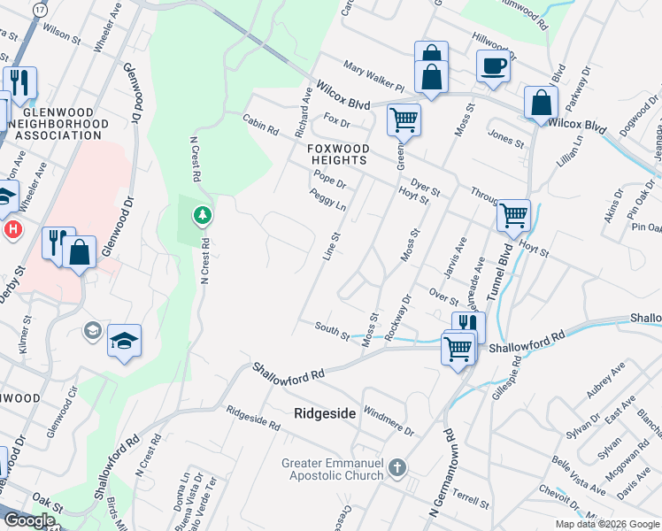 map of restaurants, bars, coffee shops, grocery stores, and more near 806 Line Street in Chattanooga