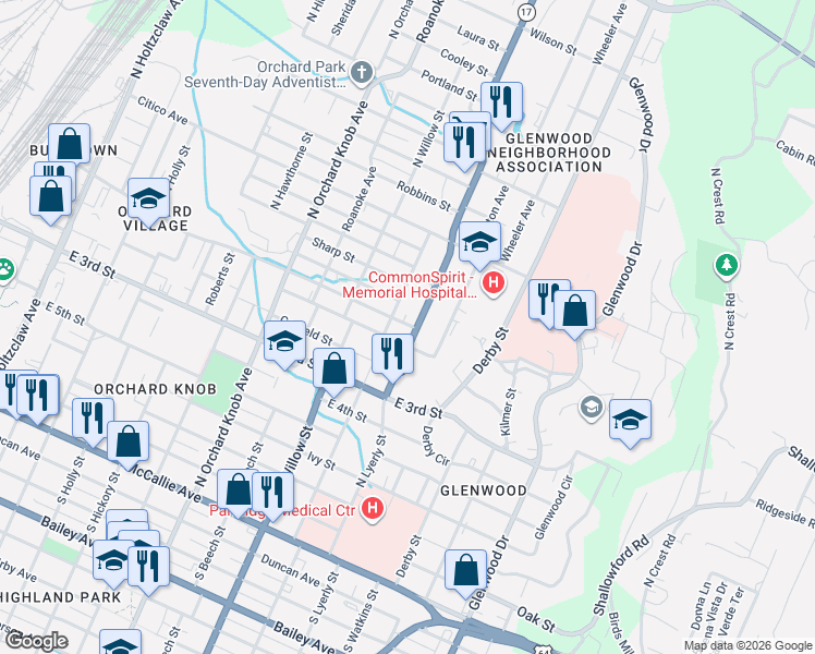 map of restaurants, bars, coffee shops, grocery stores, and more near 553 Dodson Avenue in Chattanooga