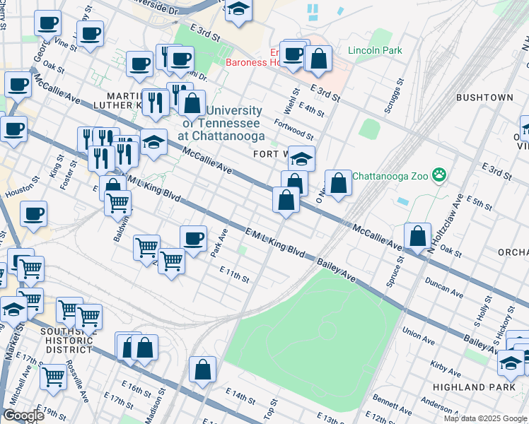 map of restaurants, bars, coffee shops, grocery stores, and more near 1116 East 8th Street in Chattanooga