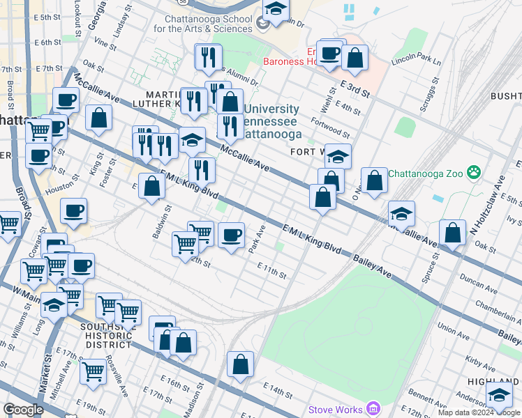 map of restaurants, bars, coffee shops, grocery stores, and more near 808 Park Avenue in Chattanooga