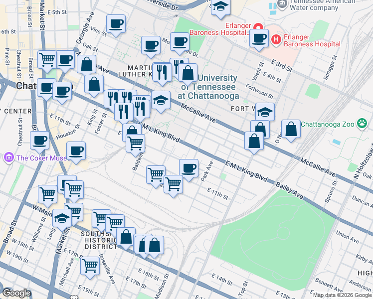 map of restaurants, bars, coffee shops, grocery stores, and more near in Chattanooga