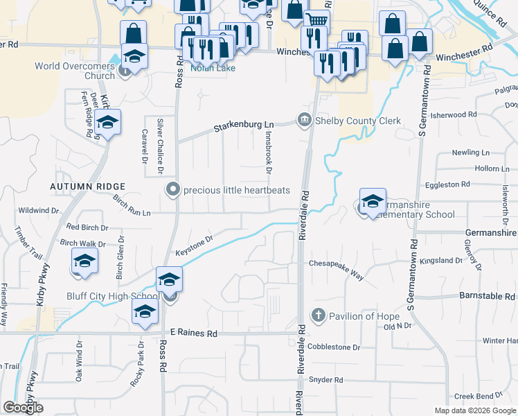 map of restaurants, bars, coffee shops, grocery stores, and more near 3919 Innsbrook Drive in Memphis