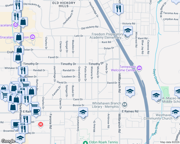 map of restaurants, bars, coffee shops, grocery stores, and more near 3922 Patte Ann Drive in Memphis