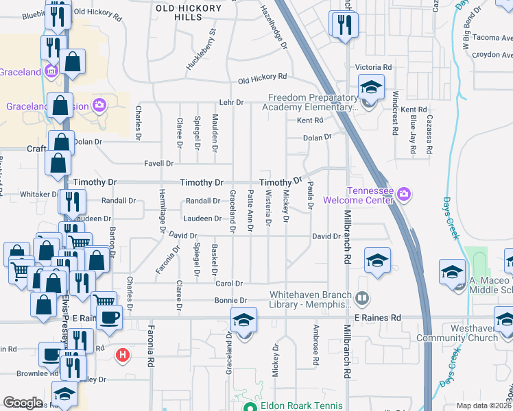 map of restaurants, bars, coffee shops, grocery stores, and more near 3922 Patte Ann Drive in Memphis