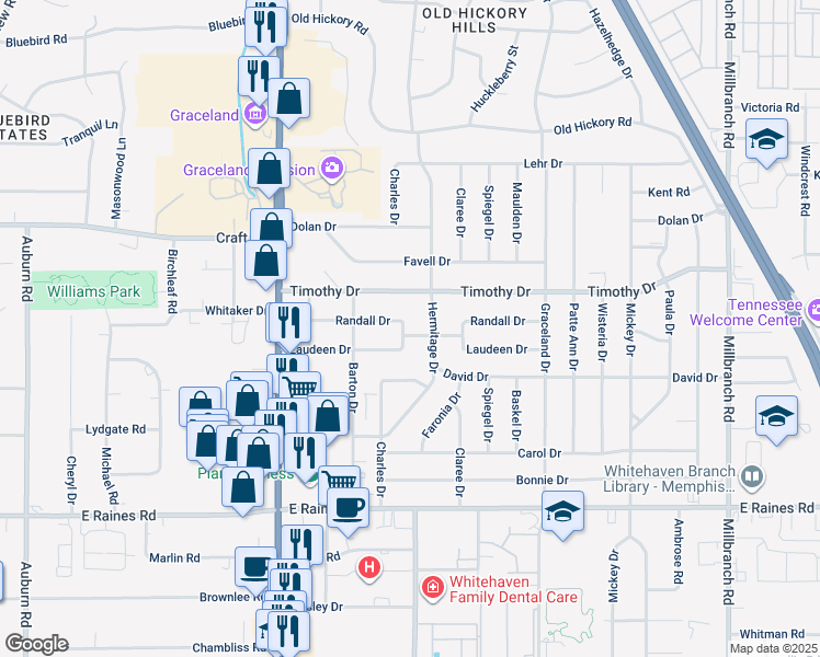 map of restaurants, bars, coffee shops, grocery stores, and more near 3921 Hermitage Drive in Memphis