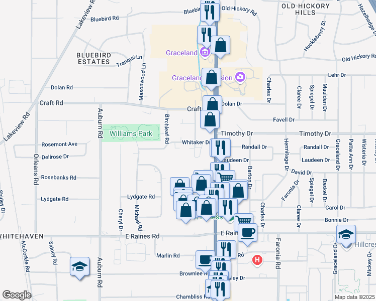 map of restaurants, bars, coffee shops, grocery stores, and more near 1127 Whitaker Drive in Memphis