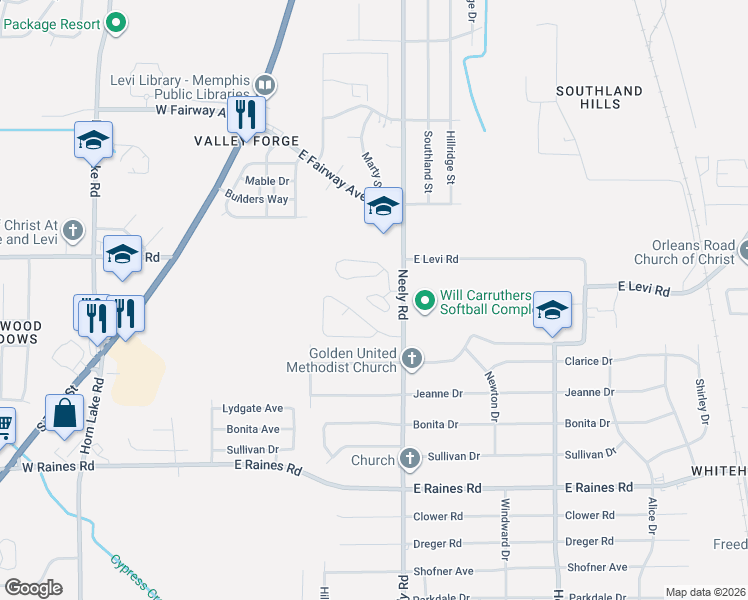 map of restaurants, bars, coffee shops, grocery stores, and more near 157 Wesley Forest Drive in Memphis