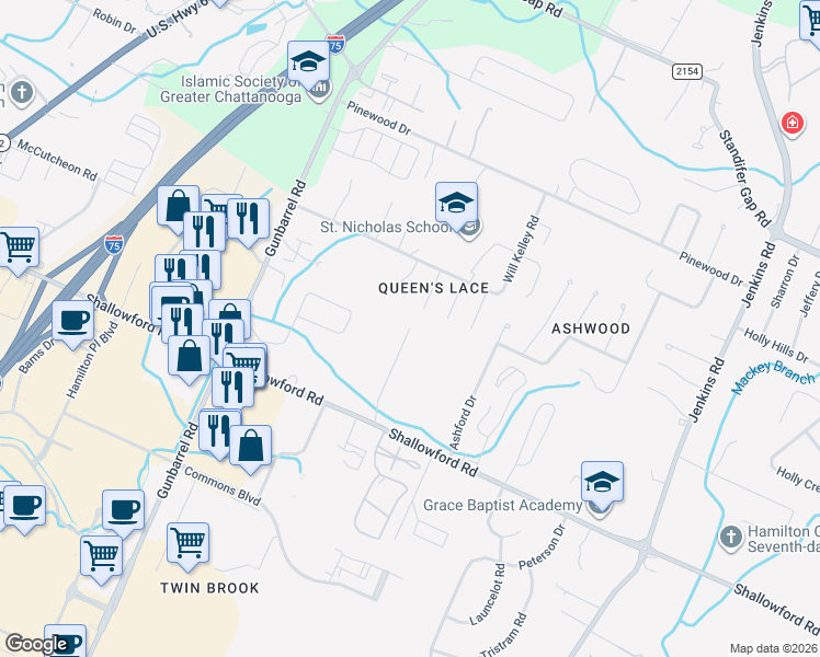 map of restaurants, bars, coffee shops, grocery stores, and more near 2363 Rivendell Lane in Chattanooga
