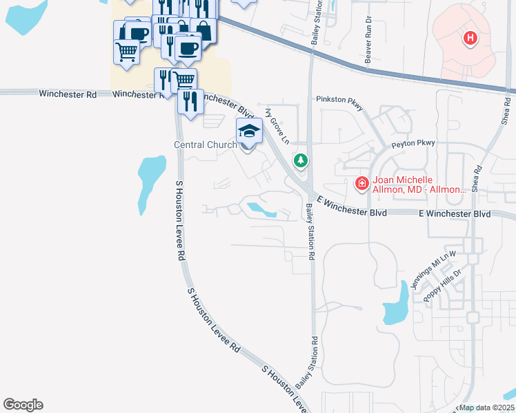 map of restaurants, bars, coffee shops, grocery stores, and more near 1907 North Bailey Woods Drive in Collierville