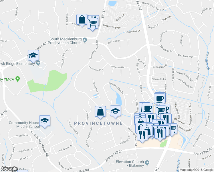 map of restaurants, bars, coffee shops, grocery stores, and more near 9234 Mitchell Glen Drive in Charlotte