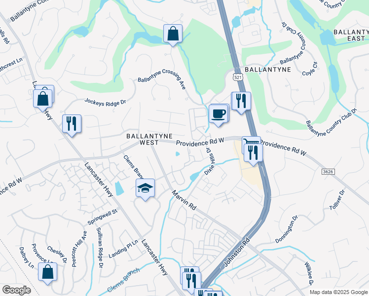 map of restaurants, bars, coffee shops, grocery stores, and more near 15206 Coventry Court Lane in Charlotte