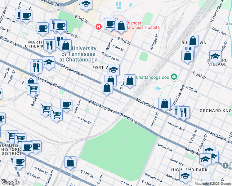 map of restaurants, bars, coffee shops, grocery stores, and more near 1008 McCallie Avenue in Chattanooga