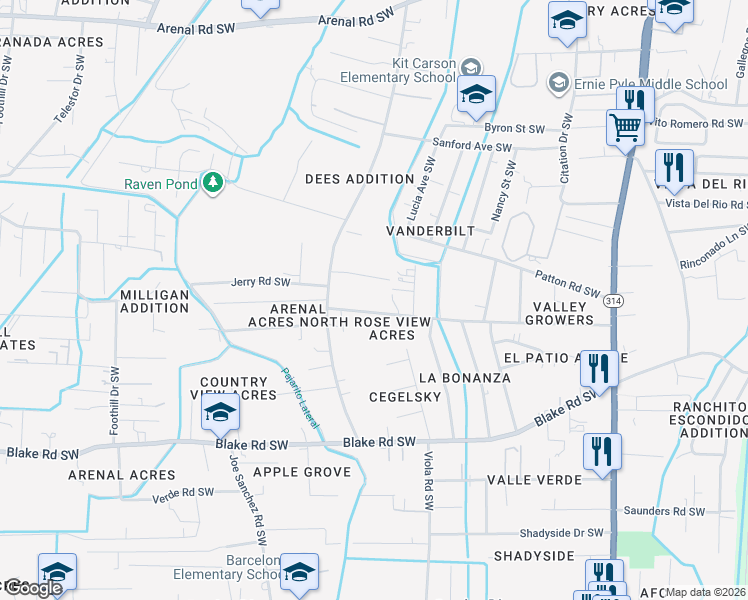 map of restaurants, bars, coffee shops, grocery stores, and more near 2127 Valley Road Southwest in Albuquerque